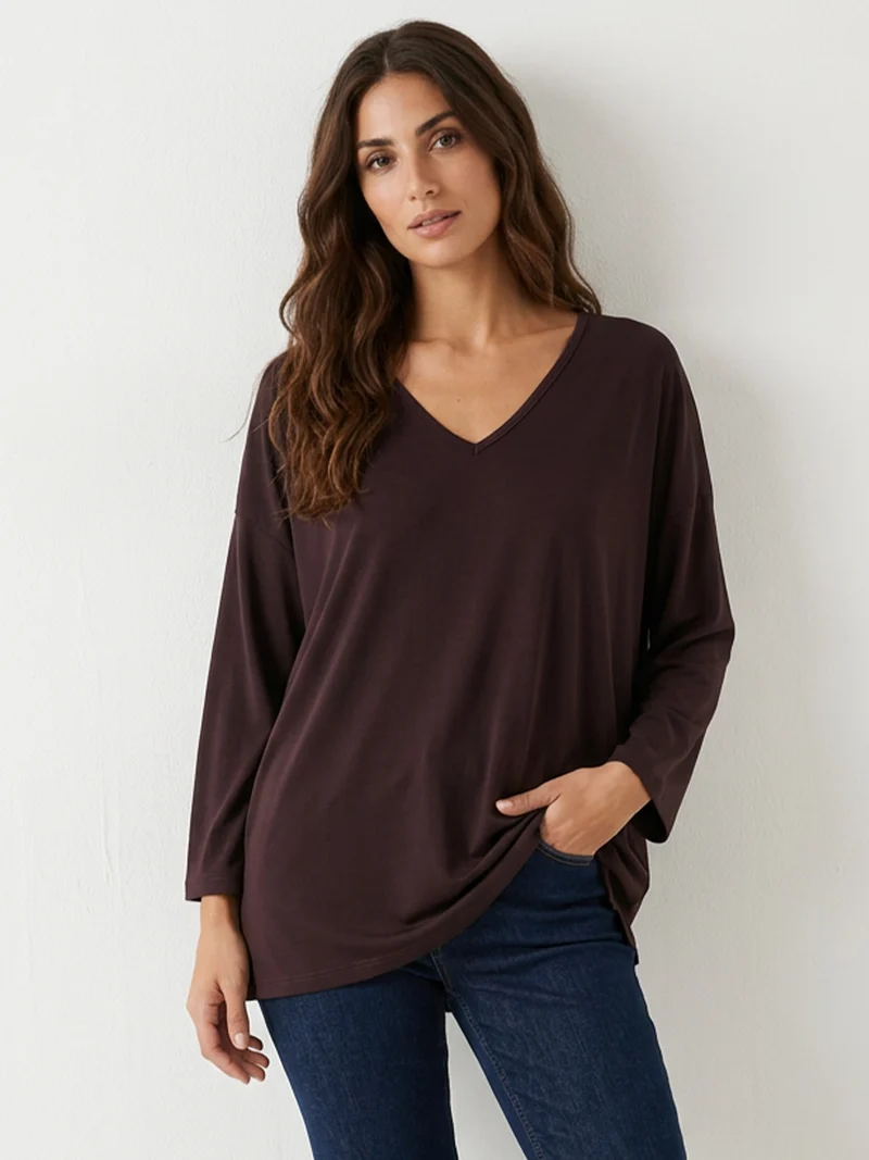Blusa donna a maniche lunghe con scollo a V - moro