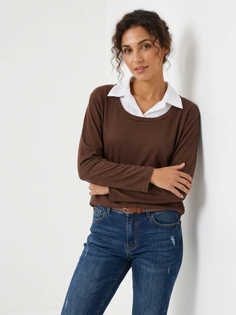 Maglia donna con dettaglio camicia - marrone