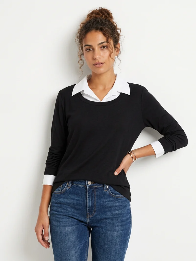 Maglia donna con dettaglio camicia - nero