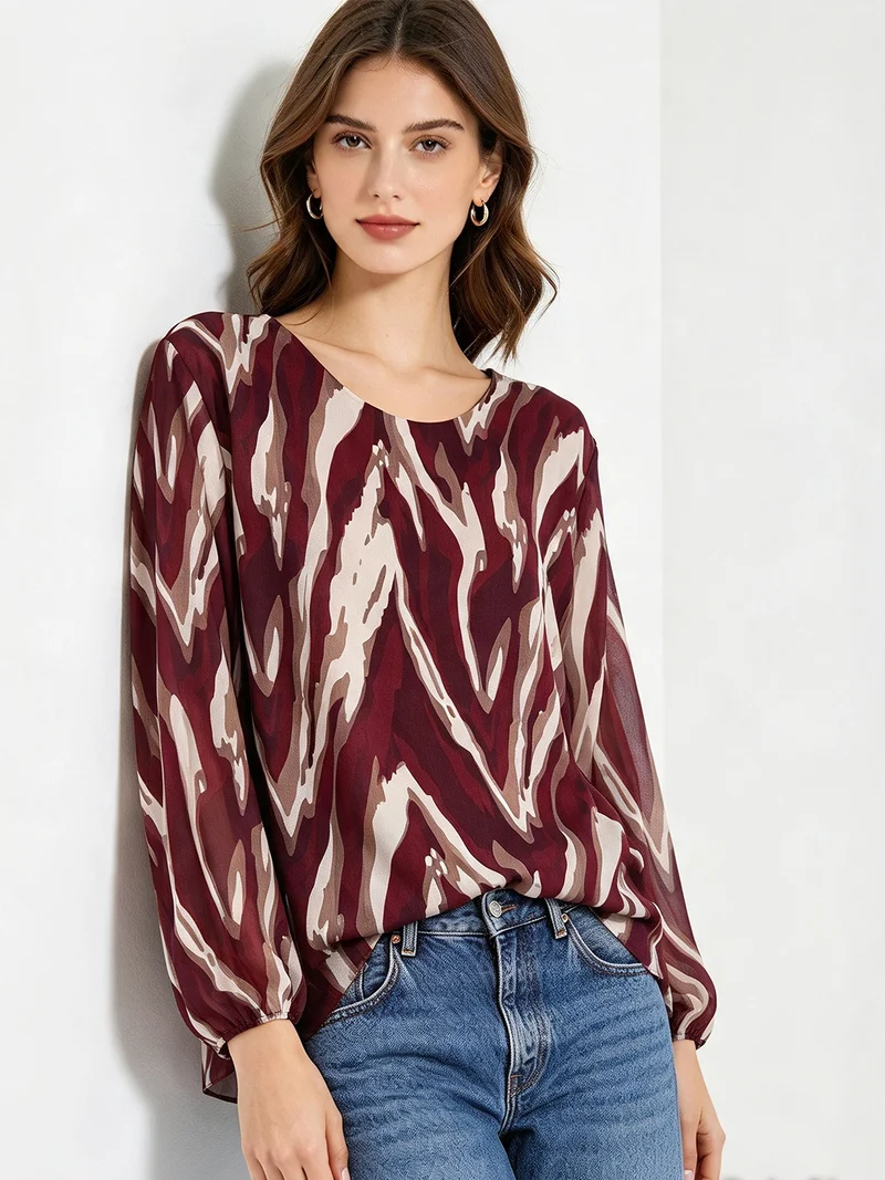 Blusa donna a maniche lunghe con scollo tondo e stampe astratte - bordeaux