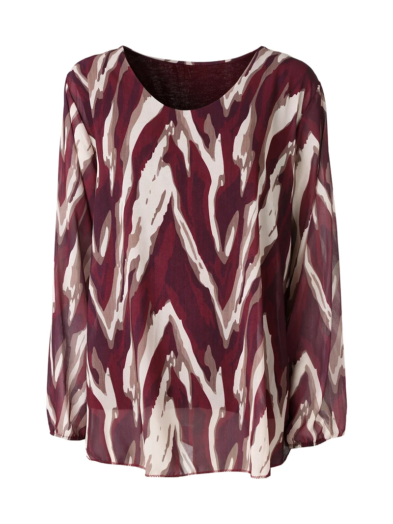 Blusa donna a maniche lunghe con scollo tondo e stampe astratte - bordeaux