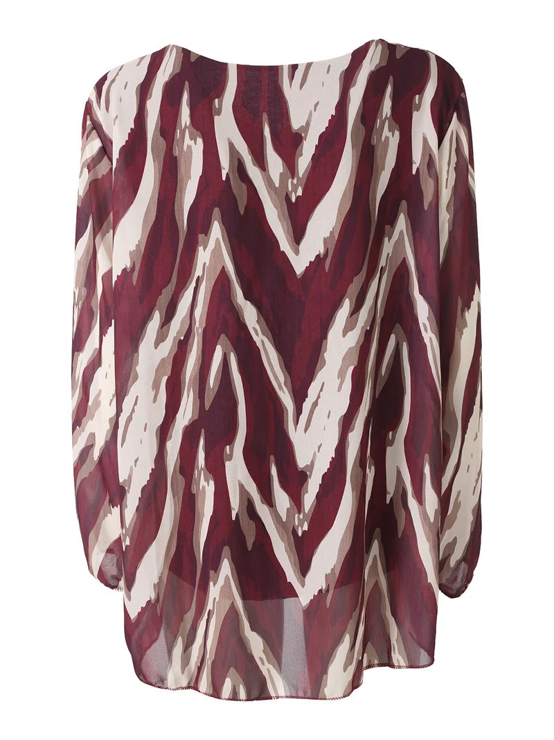 Blusa donna a maniche lunghe con scollo tondo e stampe astratte - bordeaux