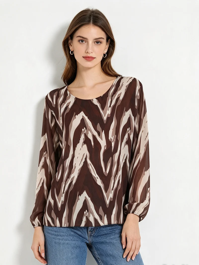 Blusa donna a maniche lunghe con scollo tondo e stampe astratte - marrone
