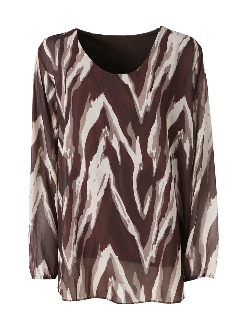 Blusa donna a maniche lunghe con scollo tondo e stampe astratte - marrone