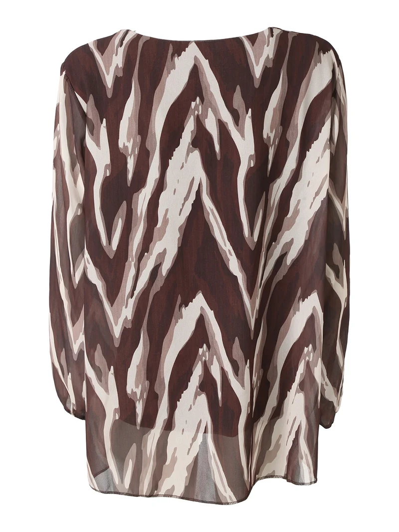 Blusa donna a maniche lunghe con scollo tondo e stampe astratte - marrone