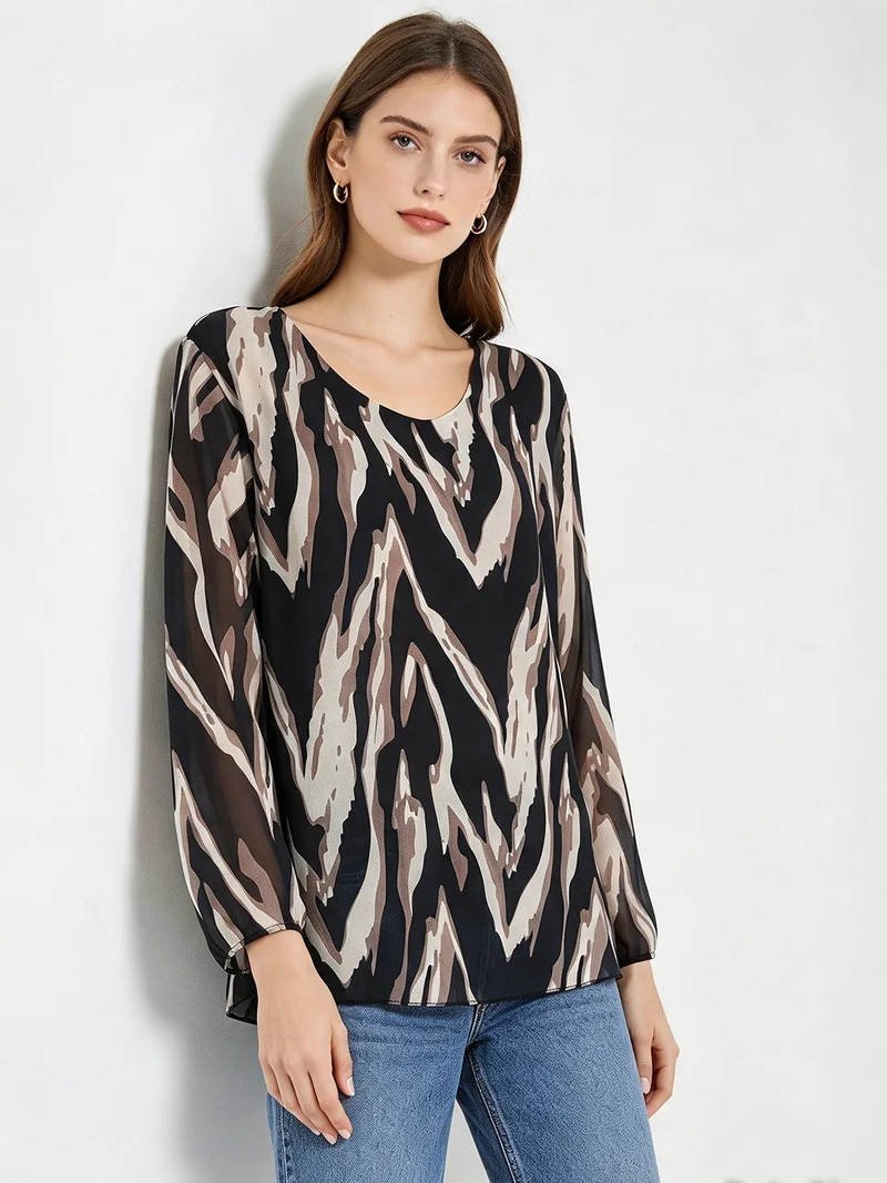Blusa donna a maniche lunghe con scollo tondo e stampe astratte - nero