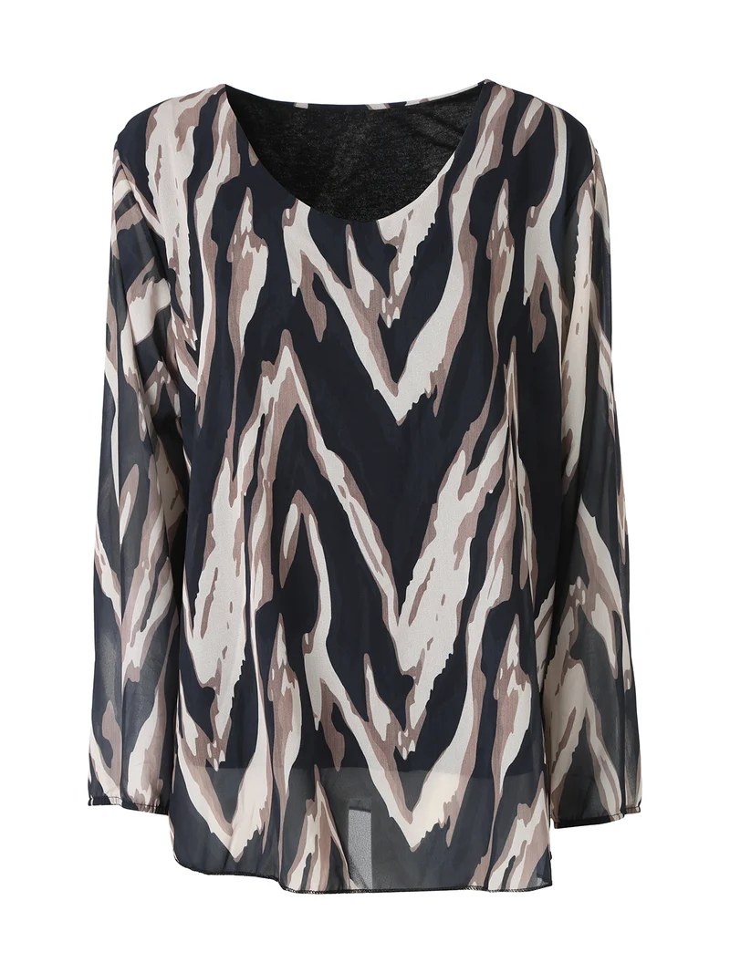 Blusa donna a maniche lunghe con scollo tondo e stampe astratte - nero