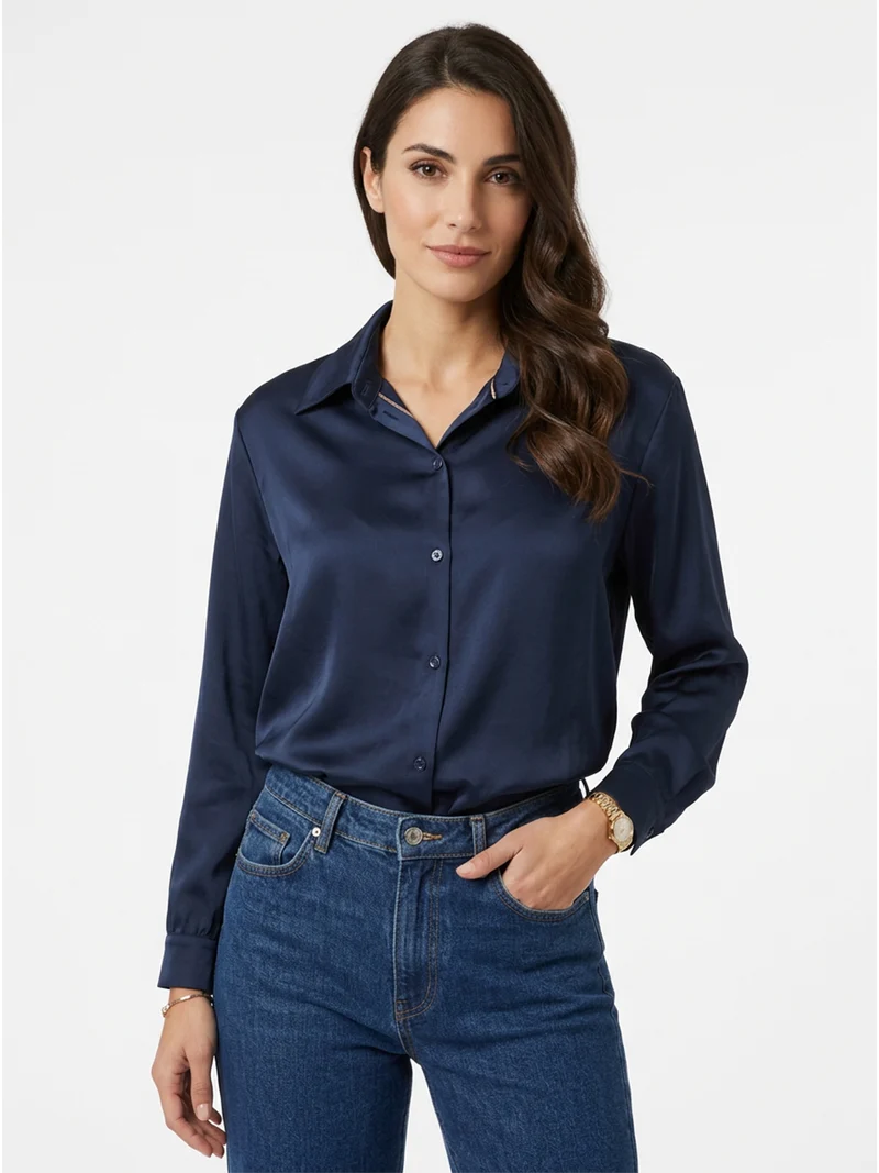 Camicia donna a maniche lunghe effetto raso linea curvy - blu scuro
