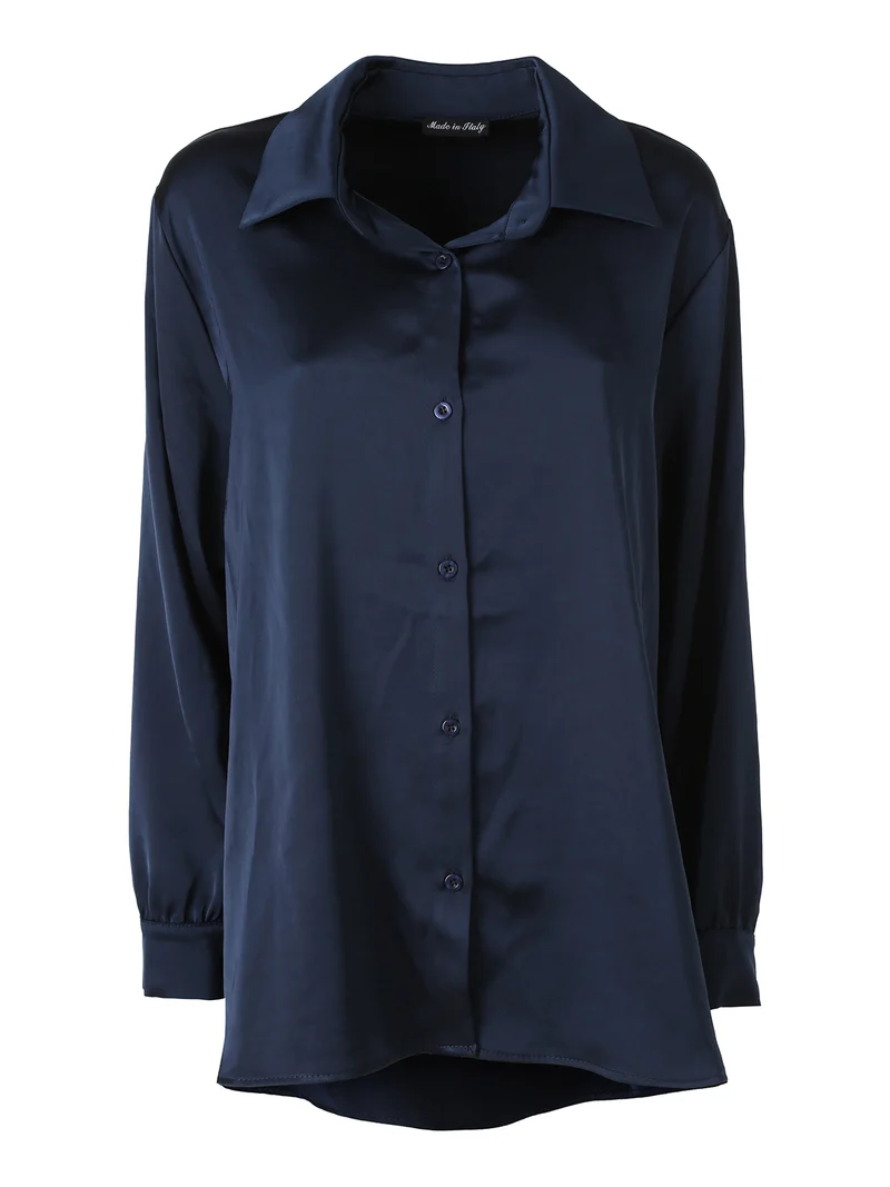 Camicia donna a maniche lunghe effetto raso linea curvy - blu scuro