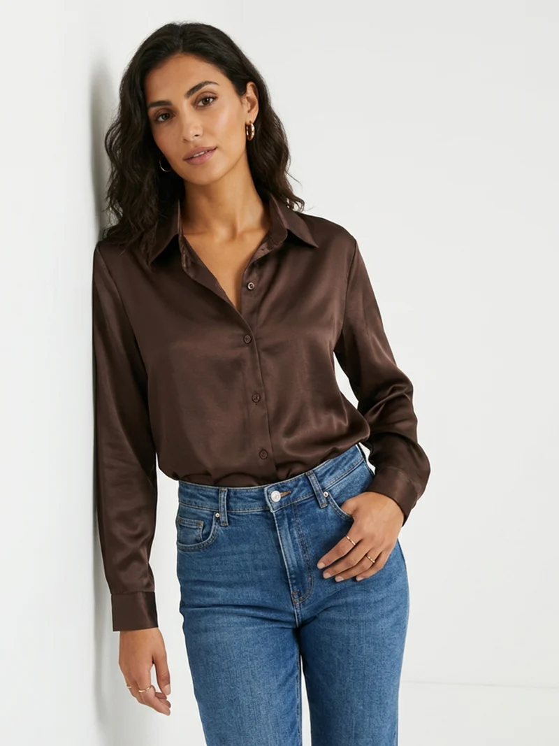Camicia donna a maniche lunghe effetto raso linea curvy - moro