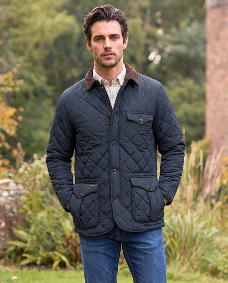Herren Steppjacke "Boston" in navy mit Harris Tweed Applikationen