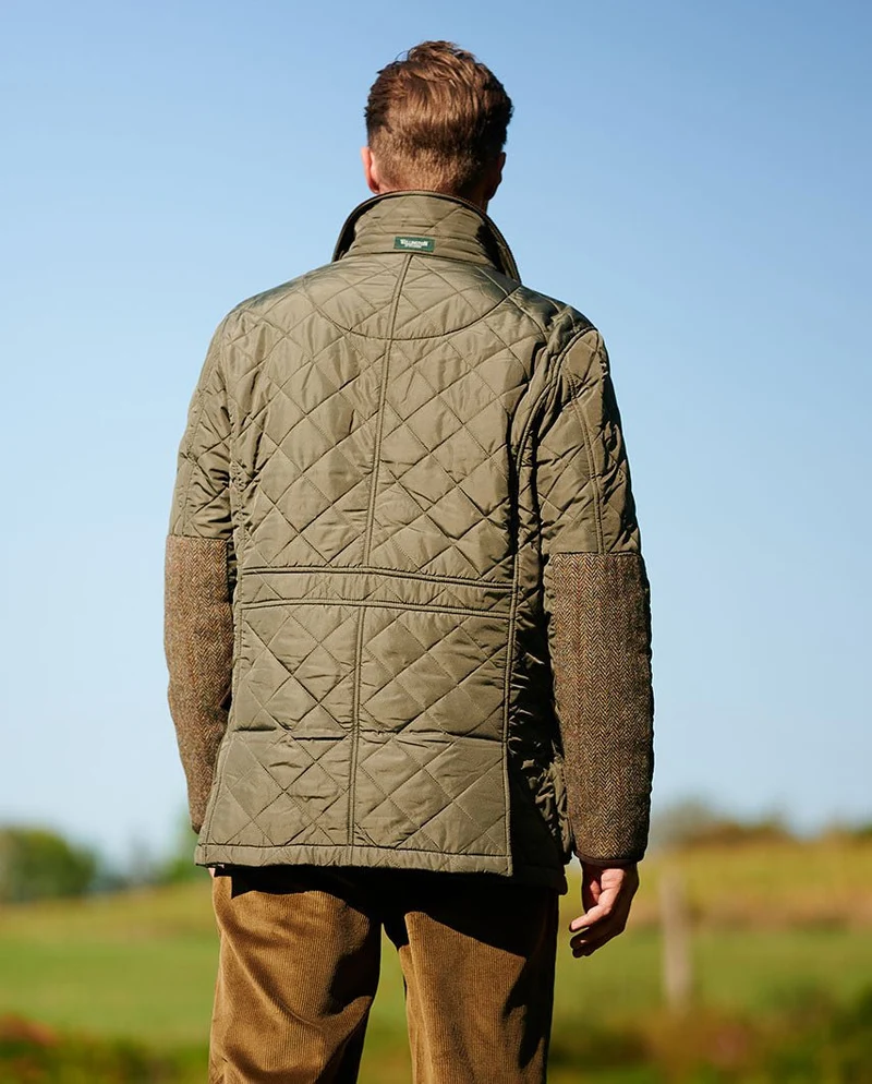 Herren Steppjacke "Boston" in oliv mit Harris Tweed Applikationen