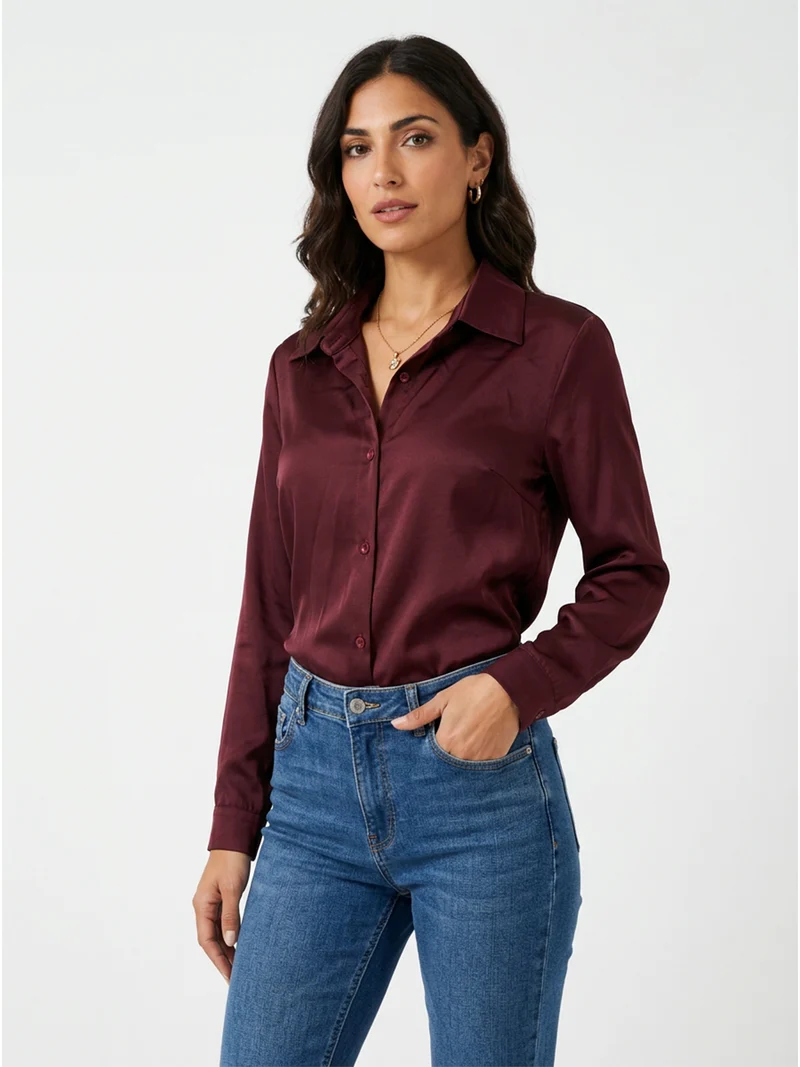 Camicia donna a maniche lunghe effetto raso linea curvy - bordeaux
