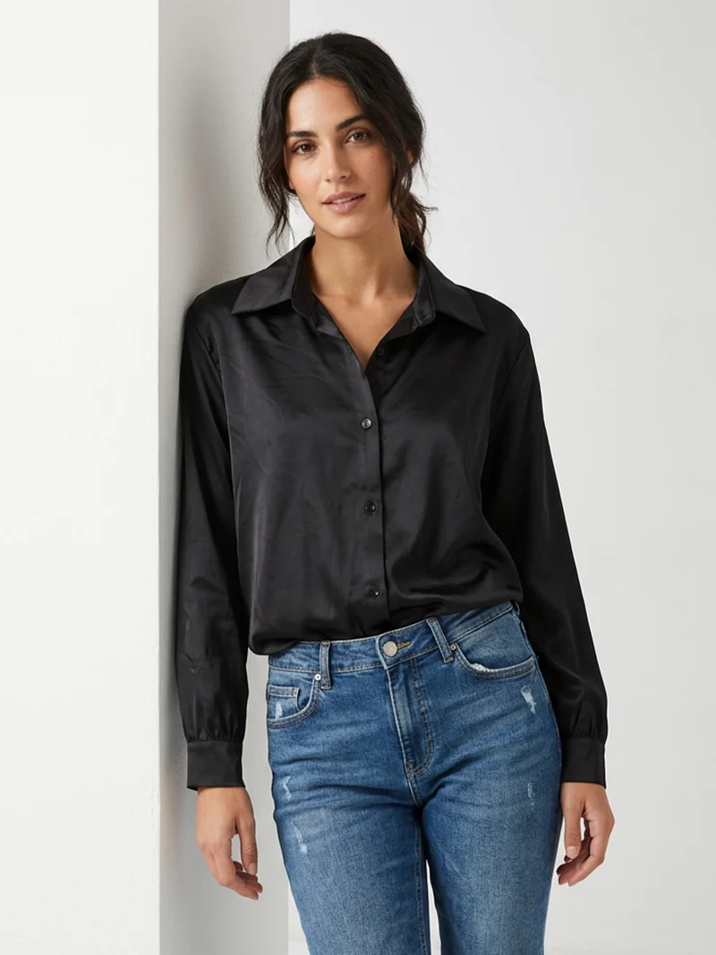 Camicia donna a maniche lunghe effetto raso linea curvy - nero