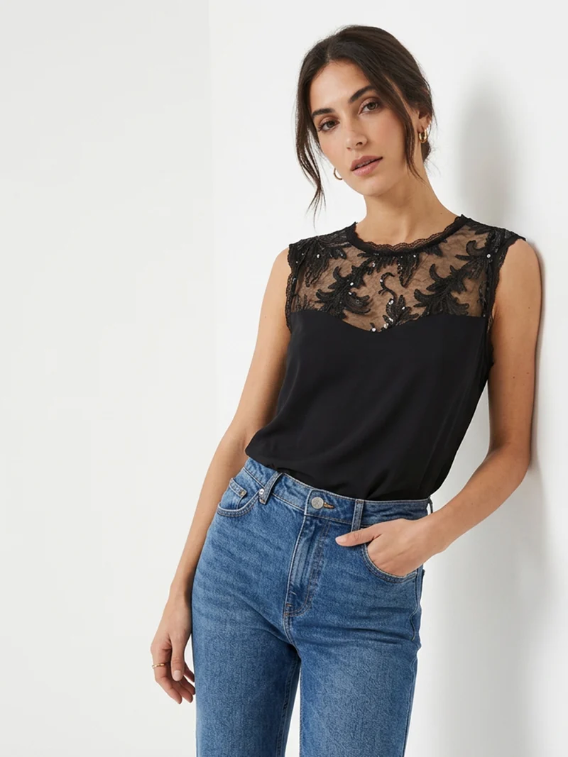 Top donna con dettaglio tulle e paillettes - nero