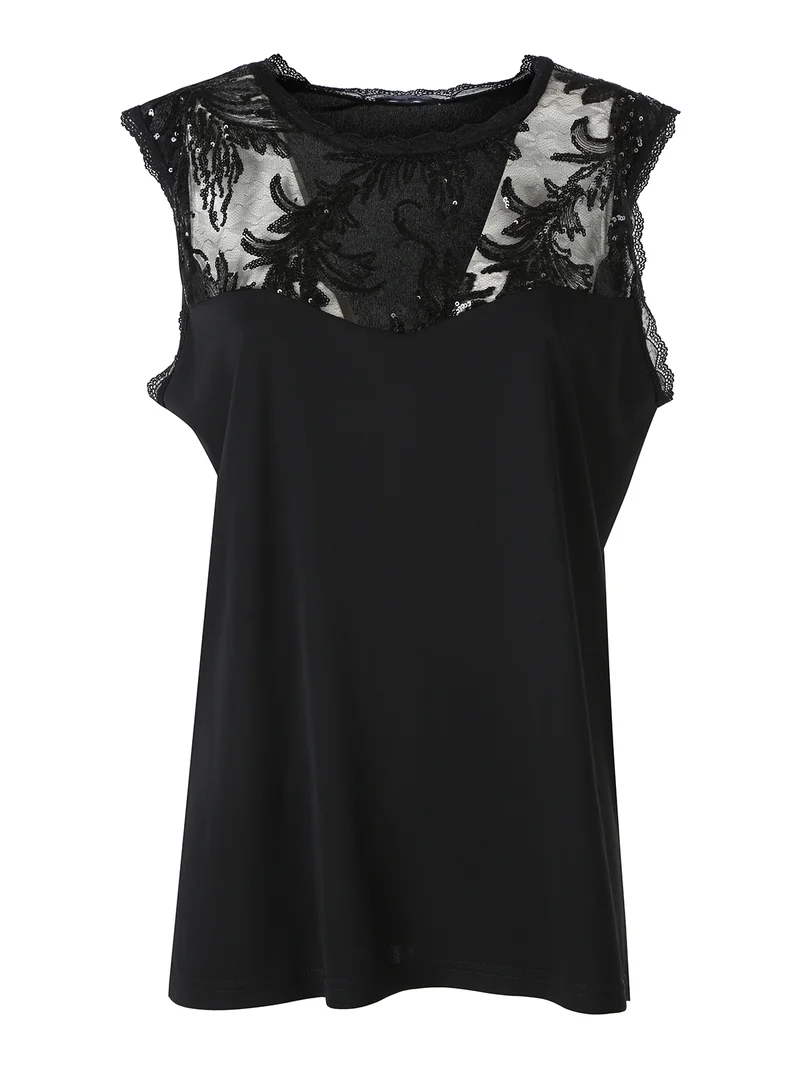 Top donna con dettaglio tulle e paillettes - nero