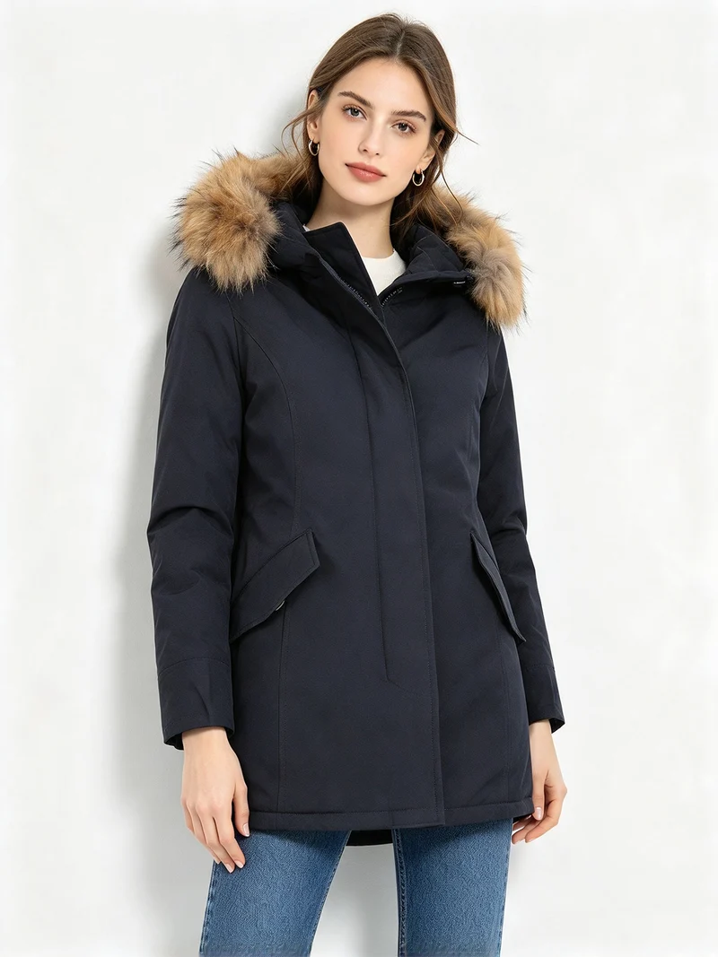 Giubbotto donna con cappuccio peloso removibile - blu scuro