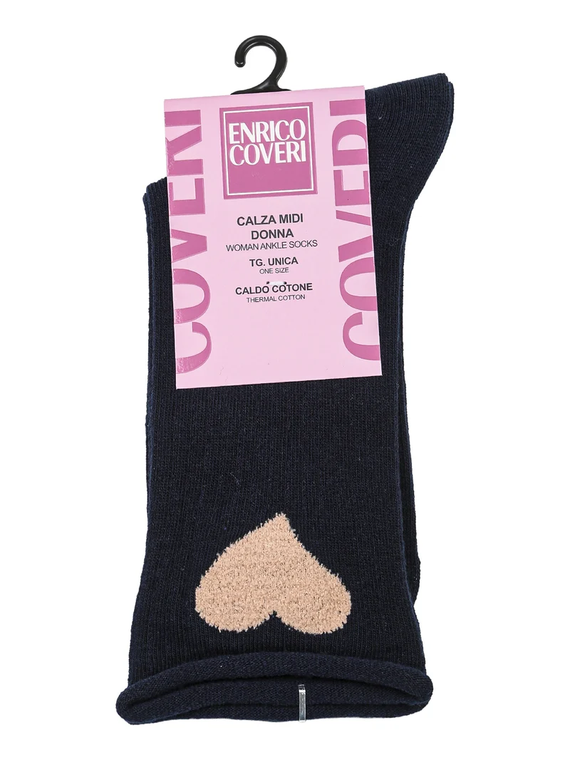 Calze midi da donna in caldo cotone con stampa cuore - blu scuro