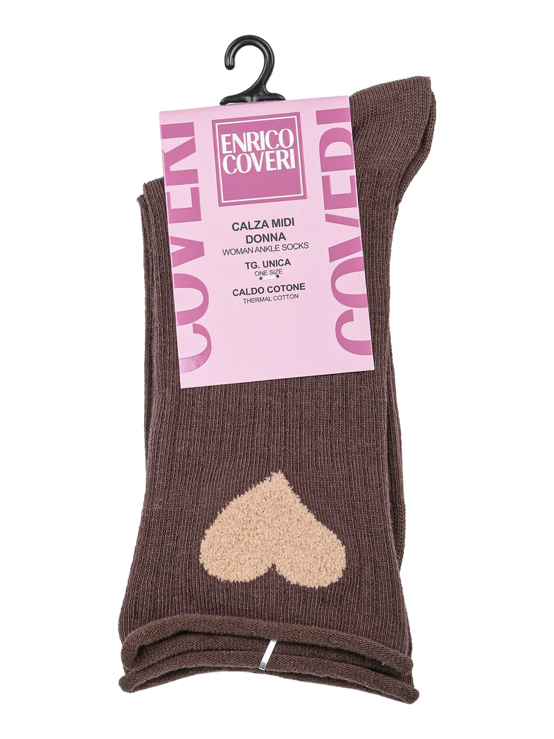 Calze midi da donna in caldo cotone con stampa cuore - marrone