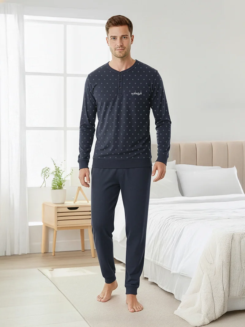 Pigiama lungo da uomo in cotone interlock con taschino e stampe - blu scuro