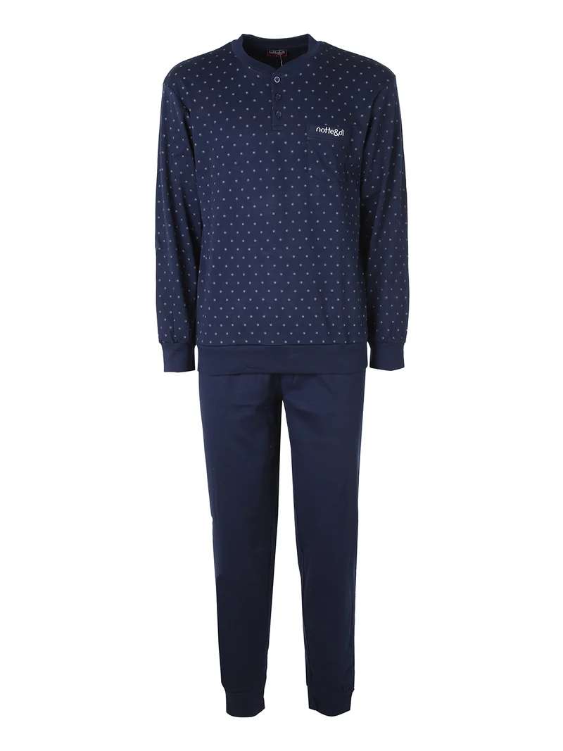 Pigiama lungo da uomo in cotone interlock con taschino e stampe - blu scuro