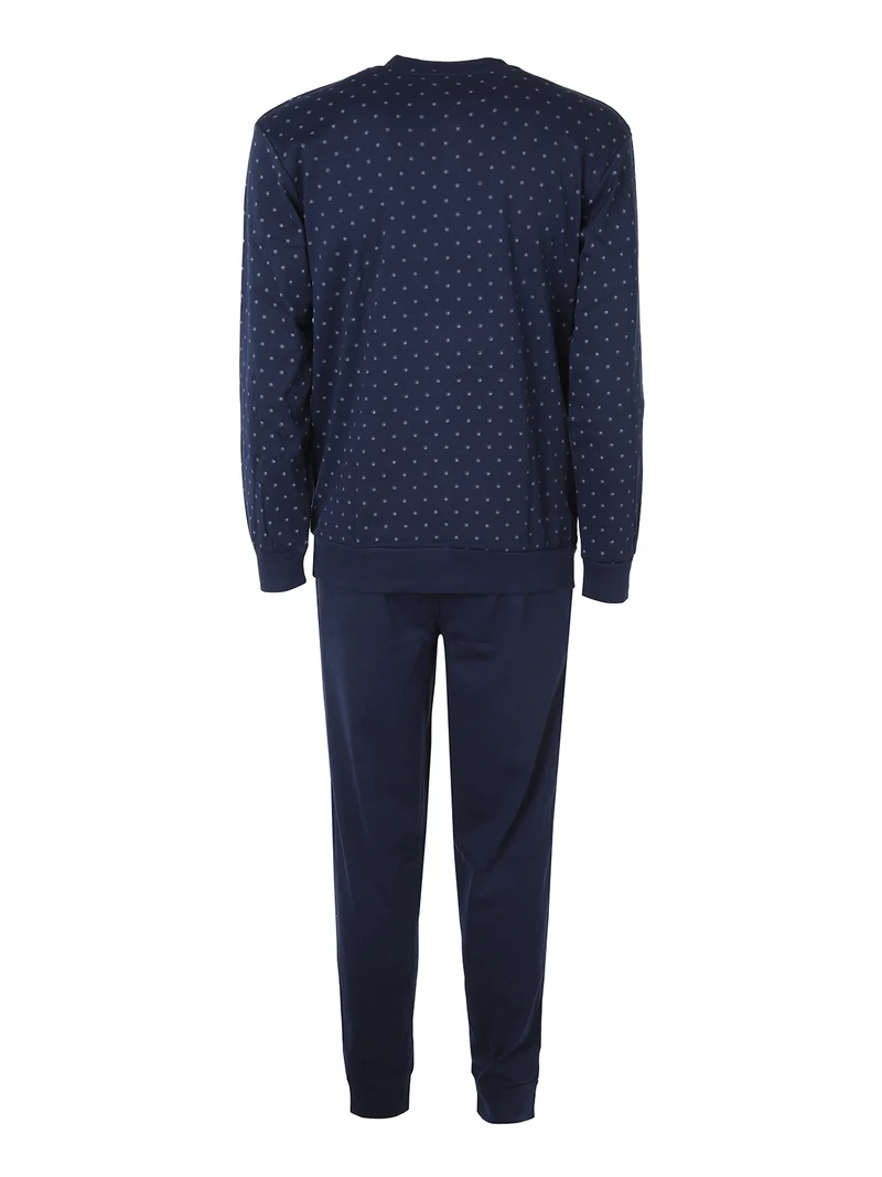 Pigiama lungo da uomo in cotone interlock con taschino e stampe - blu scuro