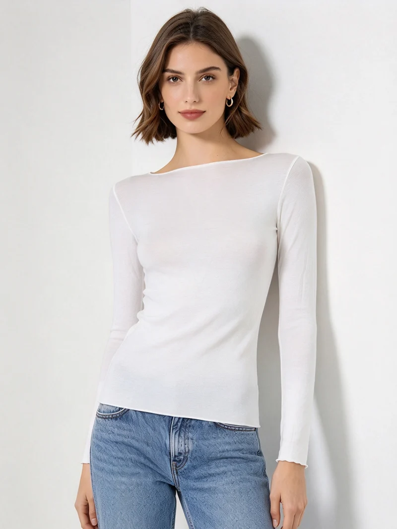 MABEL Maglia donna a maniche lunghe con scollo tondo in misto cashmere - panna