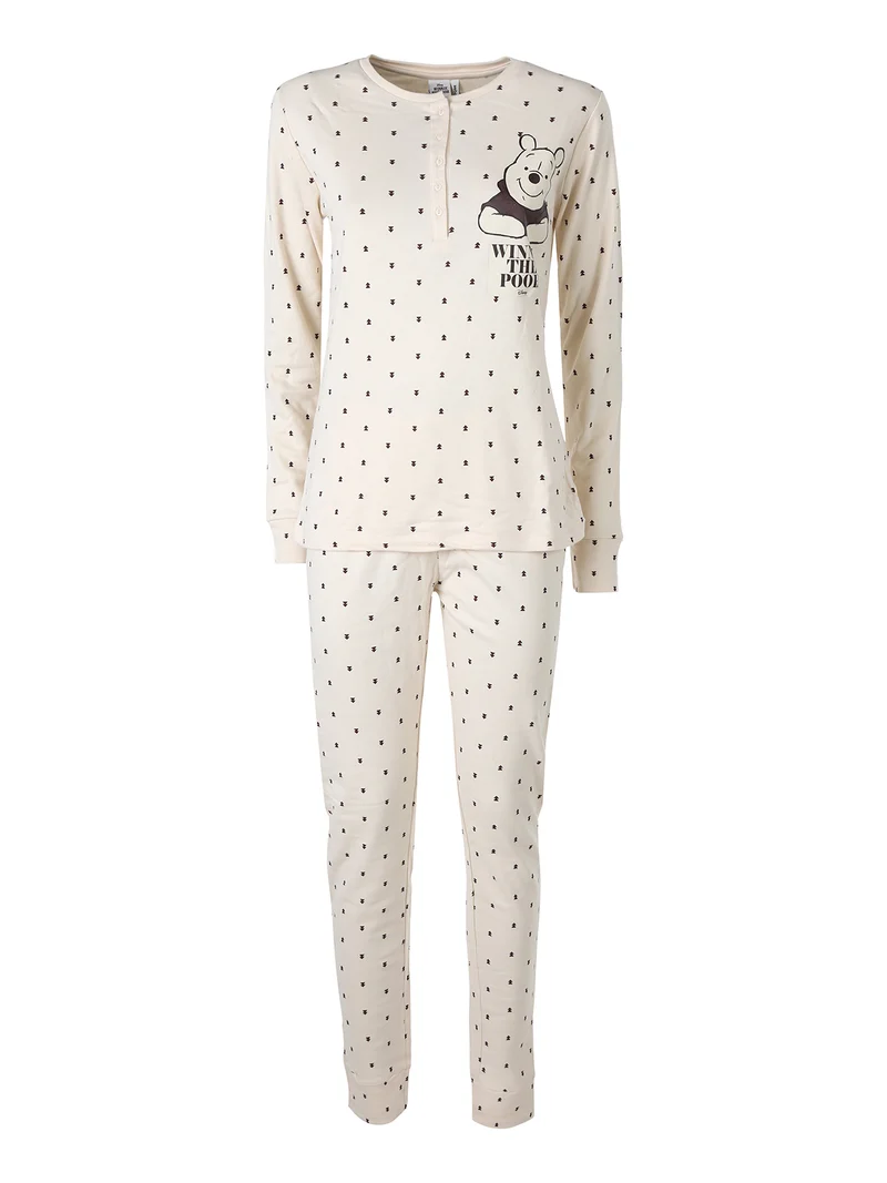 Pigiama lungo da donna in cotone interlock - beige