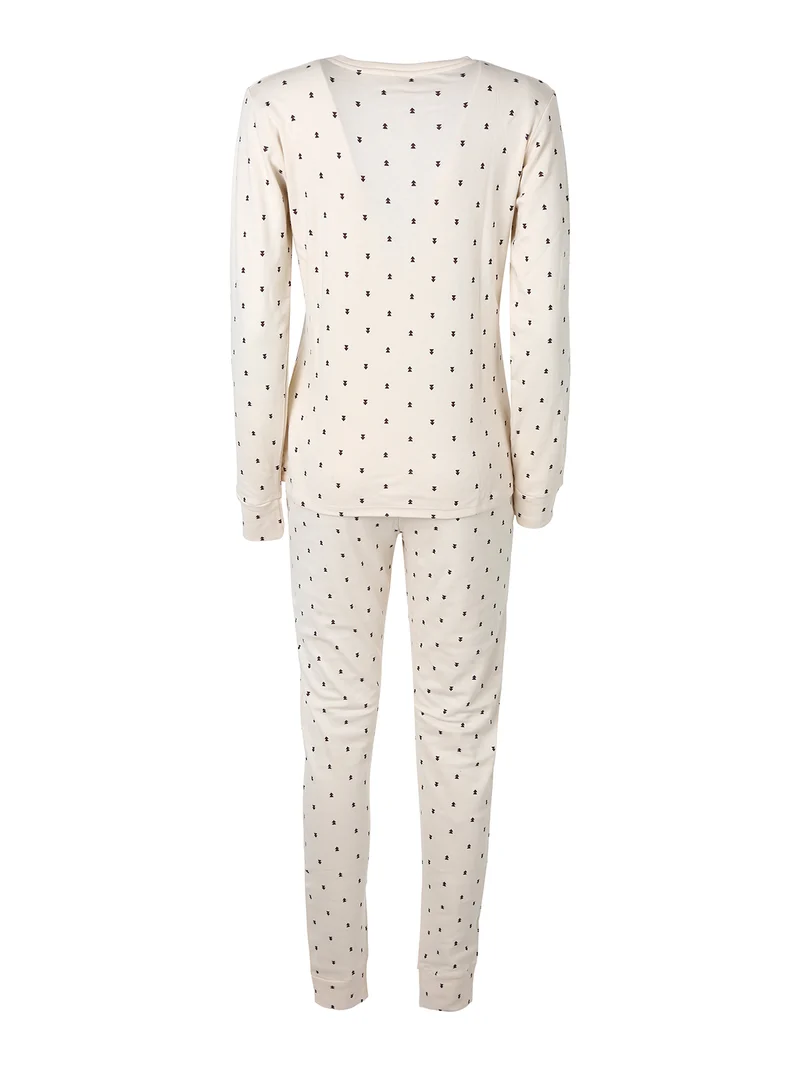 Pigiama lungo da donna in cotone interlock - beige