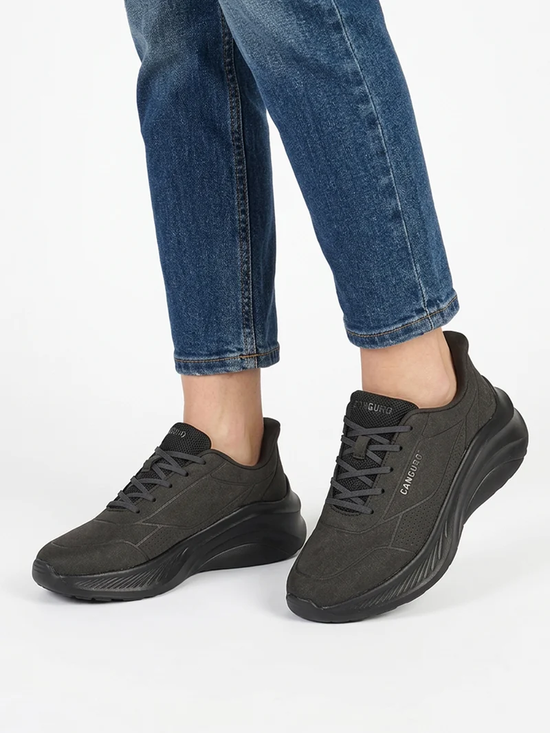Sneakers donna stringate in ecopelle suede con suola alta - nero
