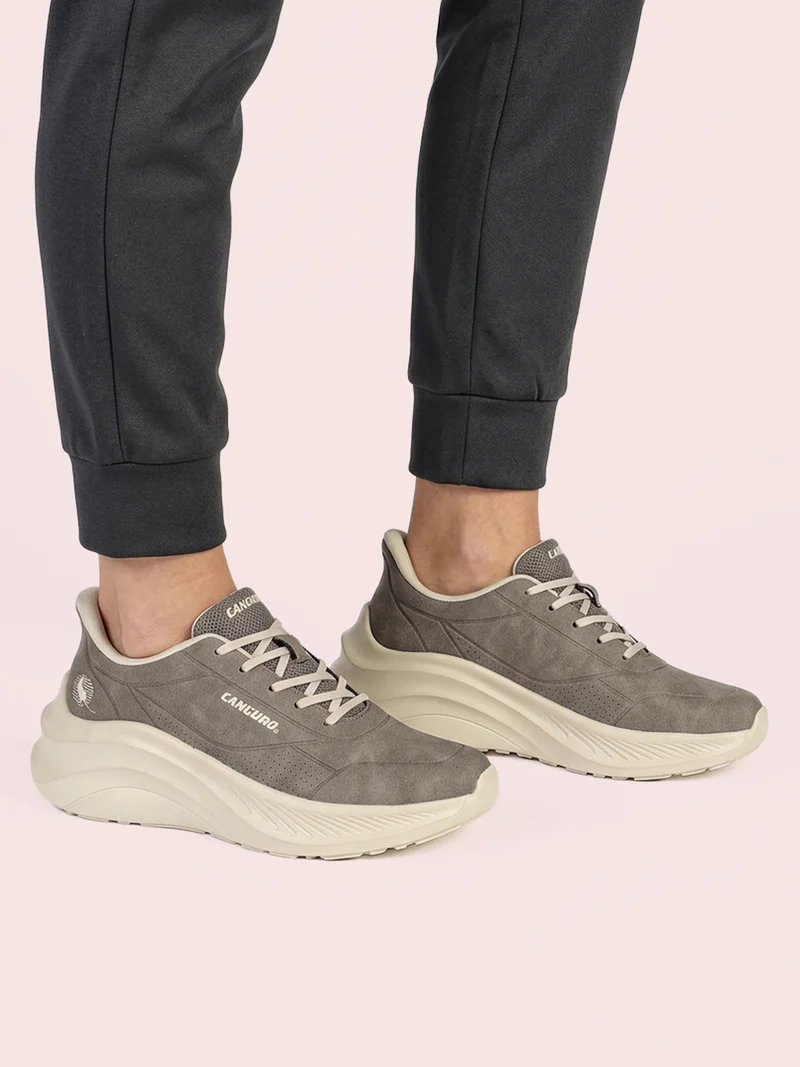 Sneakers donna stringate in ecopelle suede con suola alta - taupe