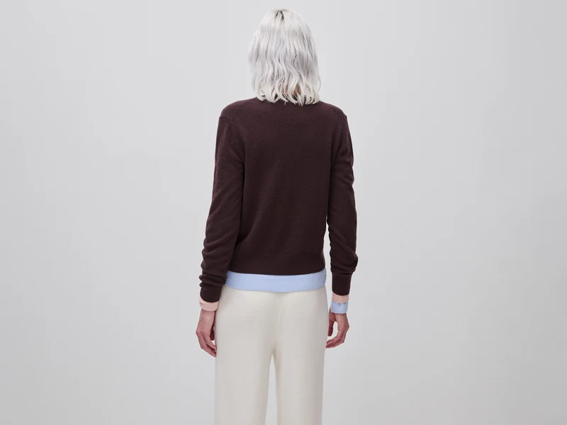 Schokoladenbrauner V-Ausschnitt-Pullover aus reiner Merinowolle