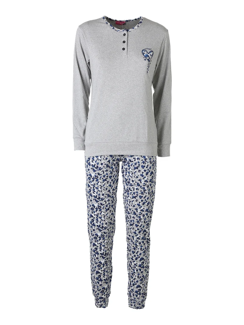 Pigiama lungo da donna in cotone interlock con pantaloni stampati - grigio