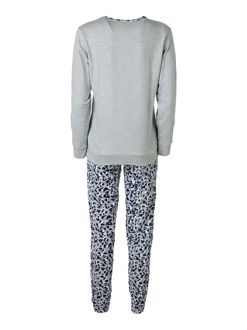 Pigiama lungo da donna in cotone interlock con pantaloni stampati - grigio