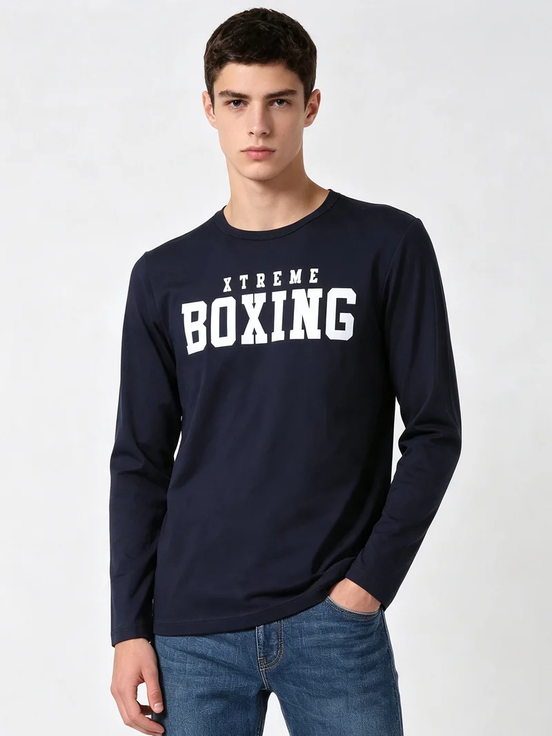 T-shirt girocollo da uomo a maniche lunghe con logo - blu scuro