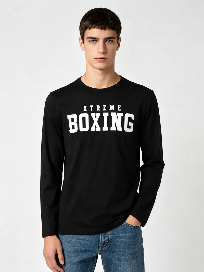 T-shirt girocollo da uomo a maniche lunghe con logo - nero