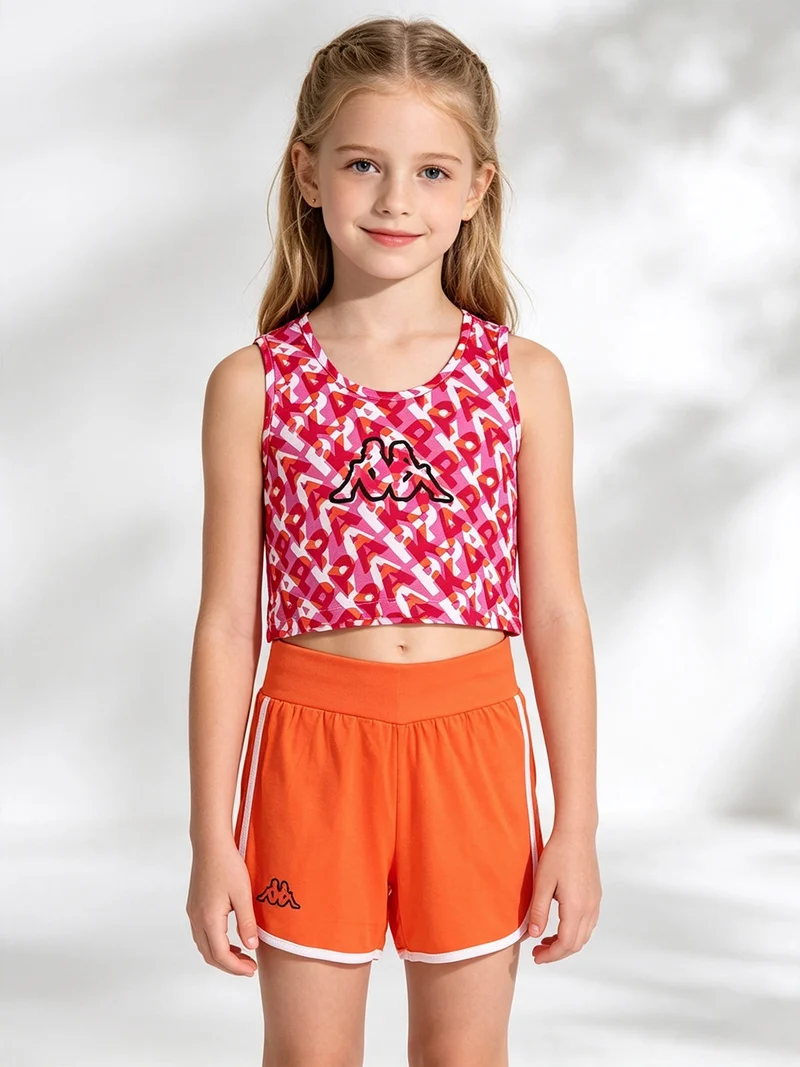 Completo smanicato da ragazza in cotone con canotta cropped e shorts - arancione