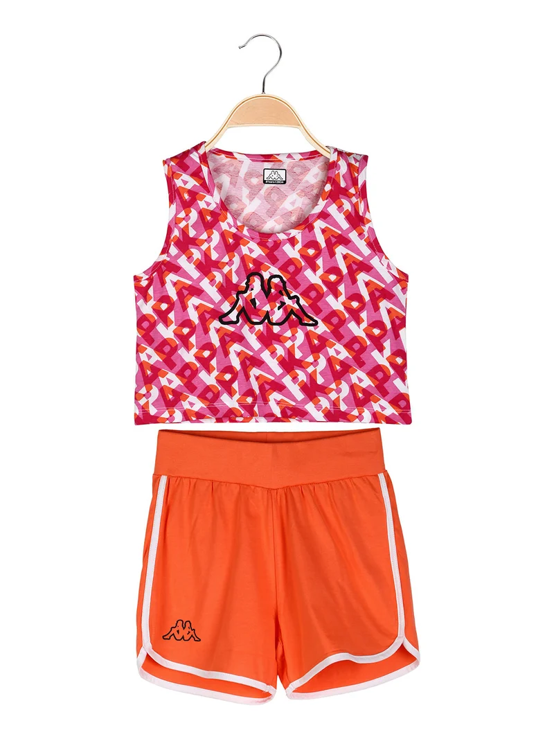 Completo smanicato da ragazza in cotone con canotta cropped e shorts - arancione