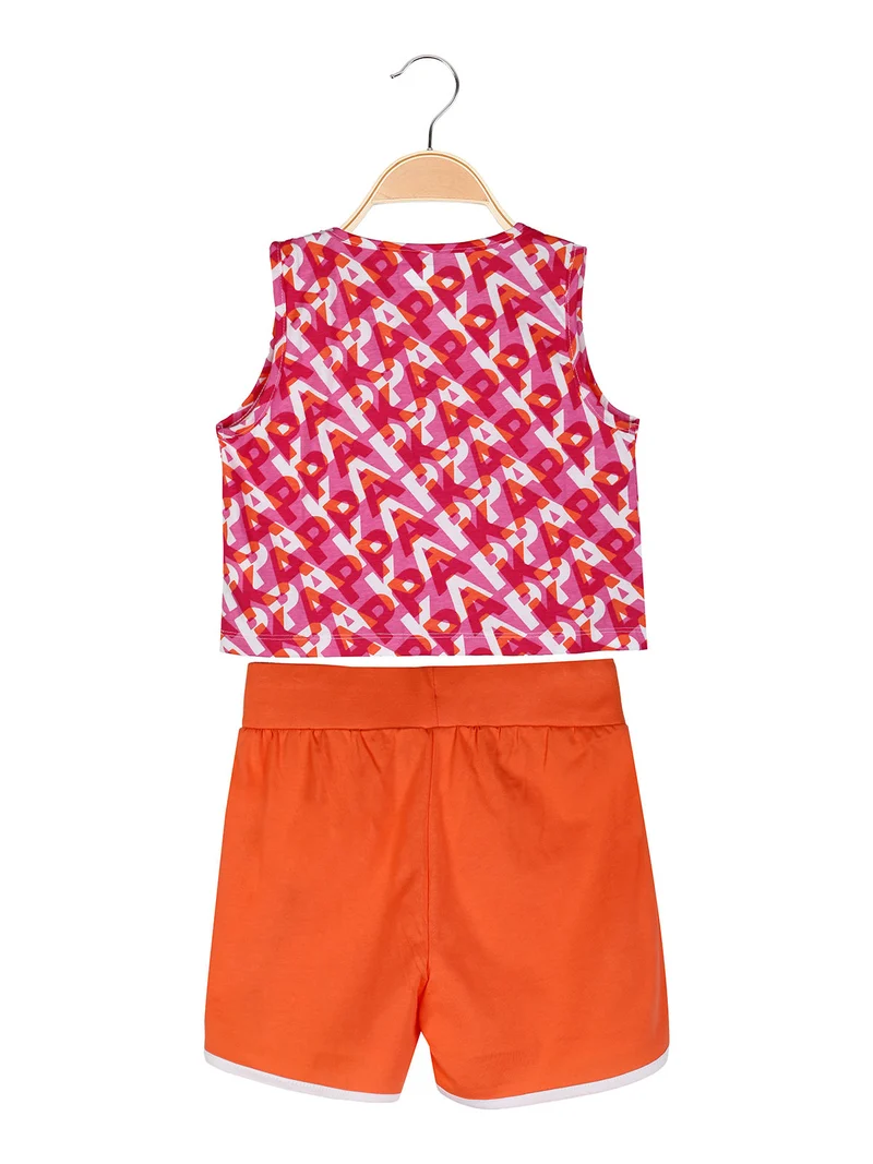 Completo smanicato da ragazza in cotone con canotta cropped e shorts - arancione
