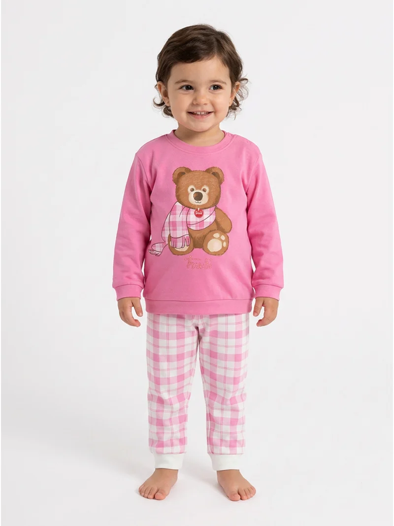 Pigiama lungo da neonata in cotone con pantaloni a quadri - rosa