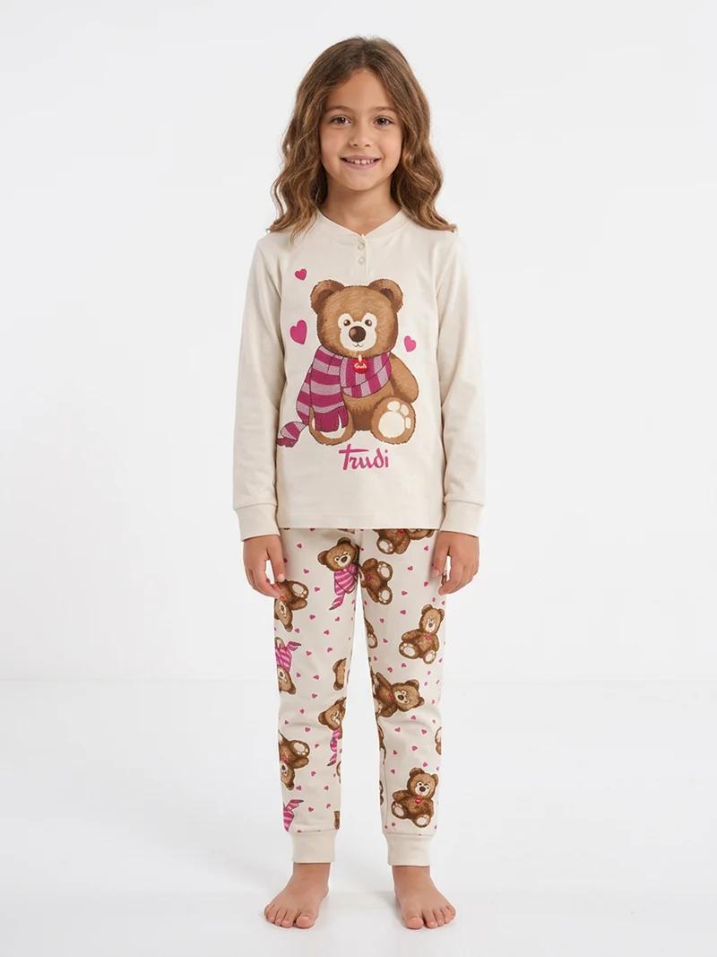 Pigiama lungo da bambina in cotone interlock con stampa cuori - panna