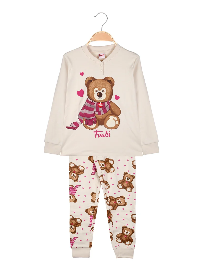 Pigiama lungo da bambina in cotone interlock con stampa cuori - panna