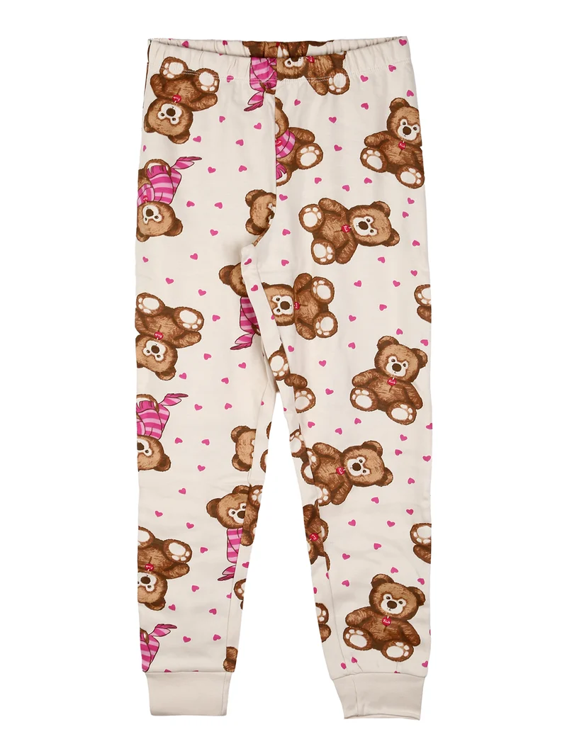 Pigiama lungo da bambina in cotone interlock con stampa cuori - panna