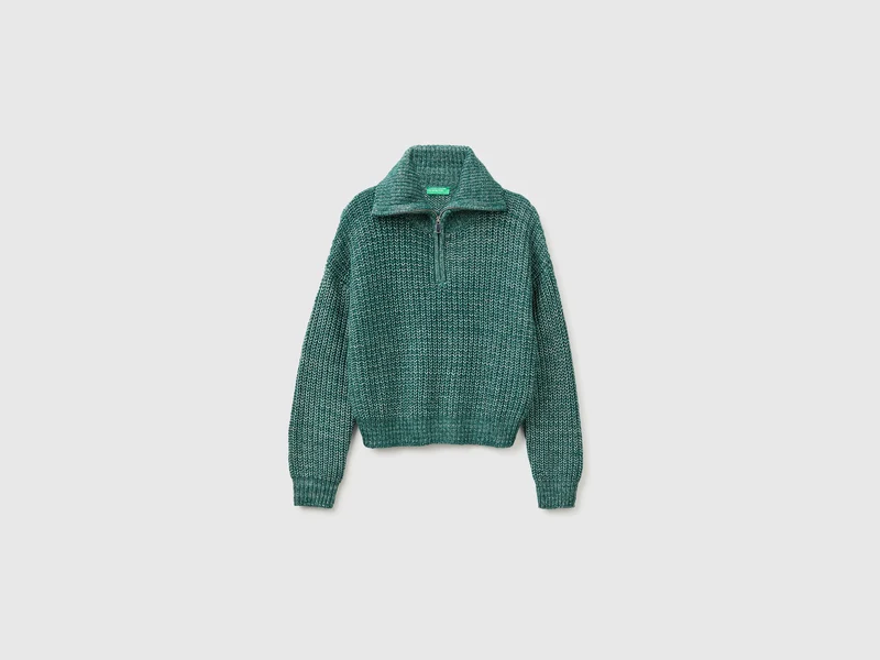 Mélange-Pullover mit Stehkragen und halbem Reißverschluss