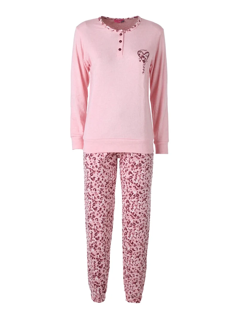 Pigiama lungo da donna in cotone interlock con pantaloni stampati - cipria