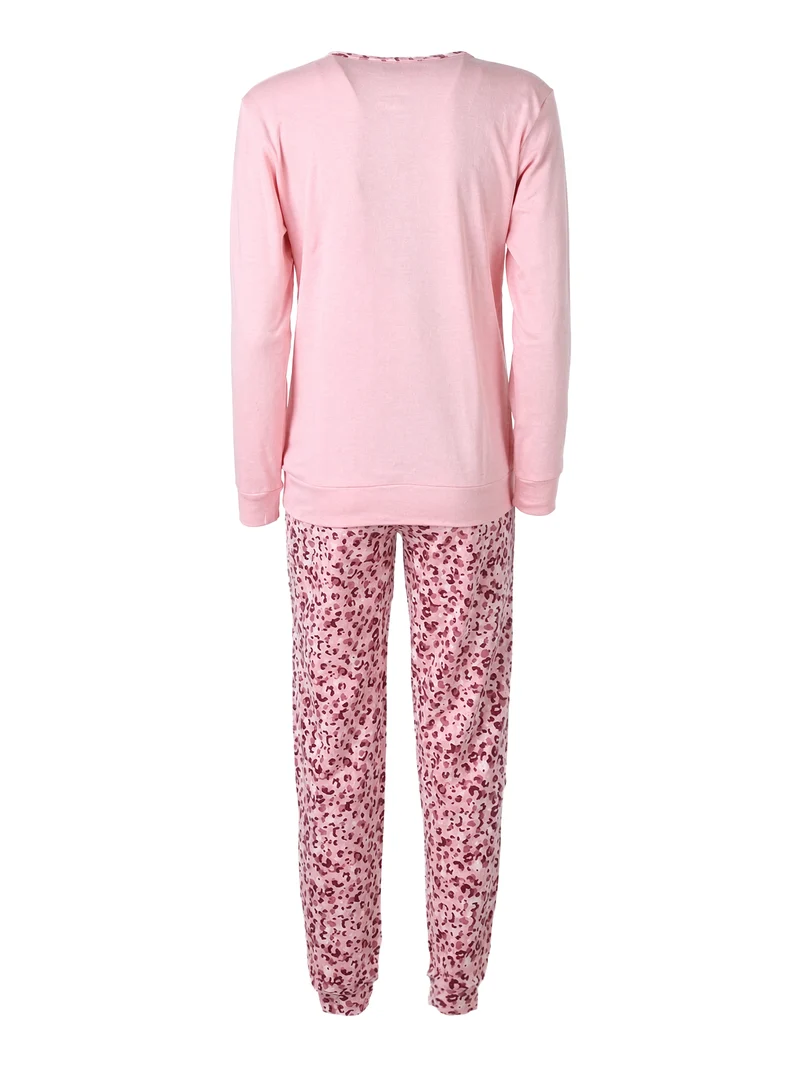 Pigiama lungo da donna in cotone interlock con pantaloni stampati - cipria