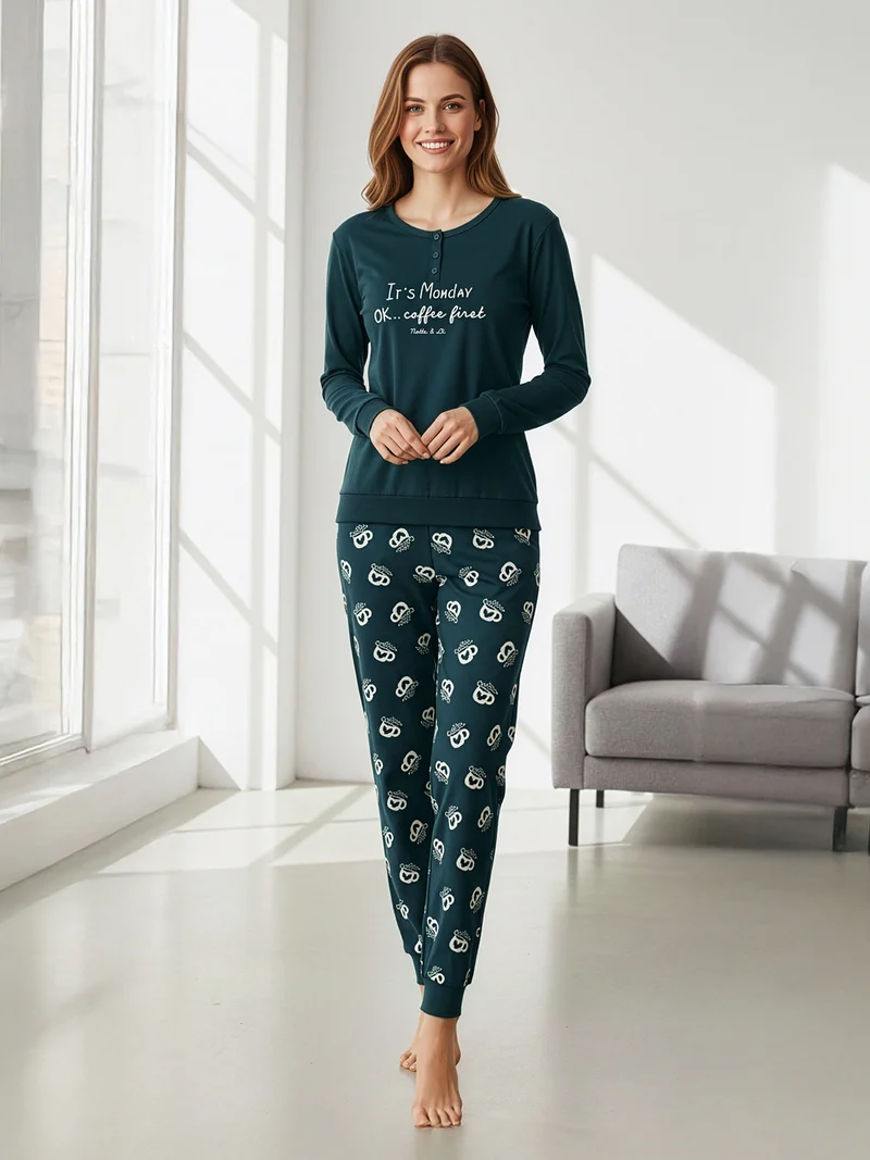 Pigiama lungo da donna in cotone interlock con pantaloni stampati - verde