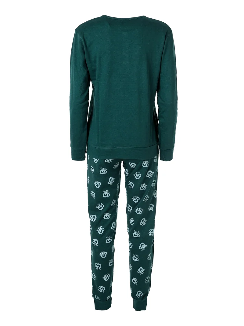 Pigiama lungo da donna in cotone interlock con pantaloni stampati - verde