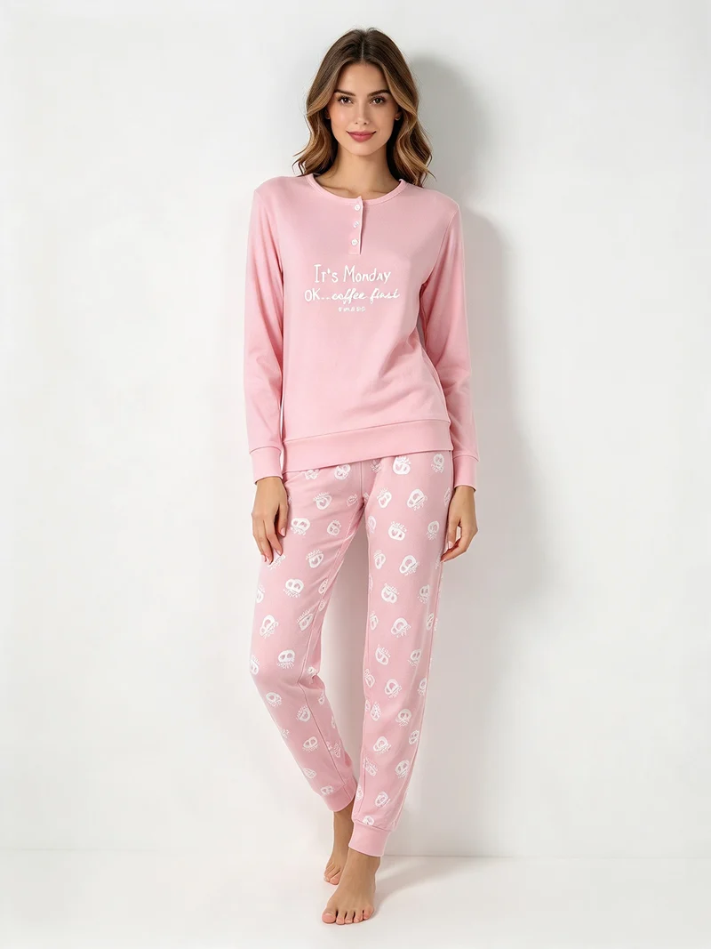 Pigiama lungo da donna in cotone interlock con pantaloni stampati - cipria