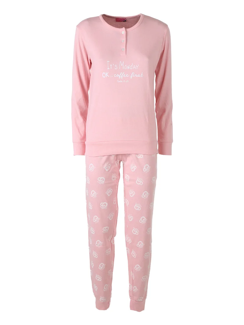Pigiama lungo da donna in cotone interlock con pantaloni stampati - cipria